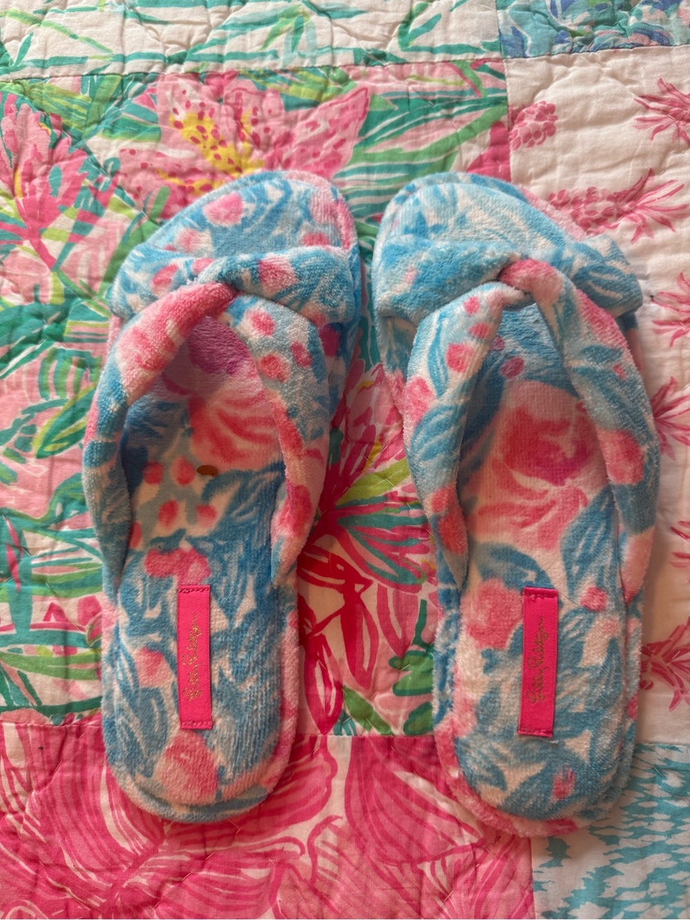 Lilly Pulitzer Blue and Pink Floral Plush Slide Slippers